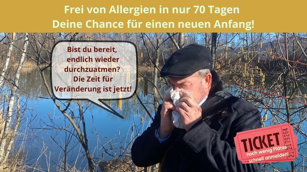 Nutzer in der Natur beim Niesen, Banner 'Schluss mit Heuschnupfen und Allergien', Fokus-Schlüsselwort: allergiefrei leben